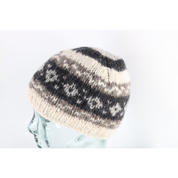 Vintage 90s Streetwear Fleece Lined Fair Isle Wool Knit Winter Beanie Hat Womens - Picture 2 of 7